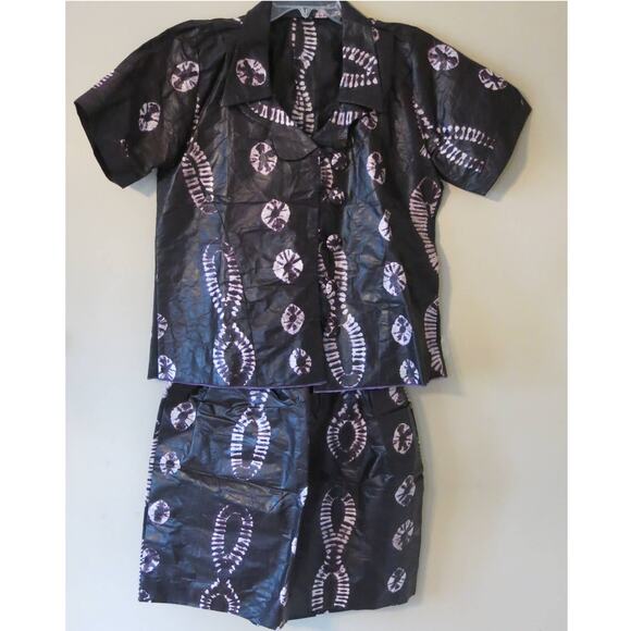 Handmade Dresses & Skirts - AFRICAN Handmade Ankara Skirt/Top Button Short Sleeve Waxy Material Purple/White